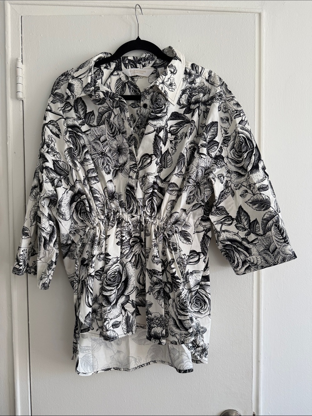 Carla Rockmore Floral Drawstring Waist Button-Front Blouse — Black & White